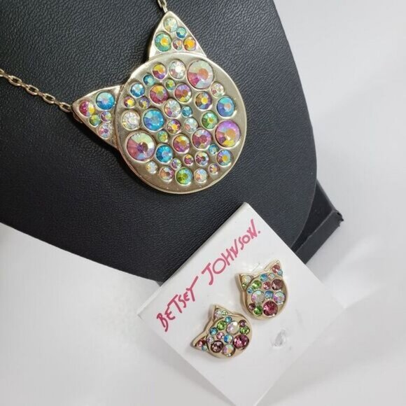Rhinestone cat Betsey Johnson necklace NO EARRINGS - Picture 1 of 5